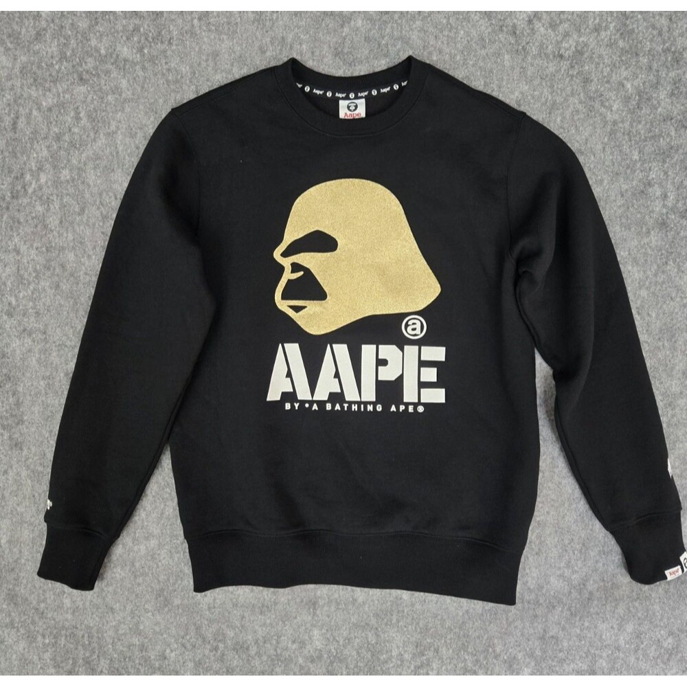 AAPE by A Bathing Ape Crewneck Sweatshirt Black Gold Logo Streetwear Large
